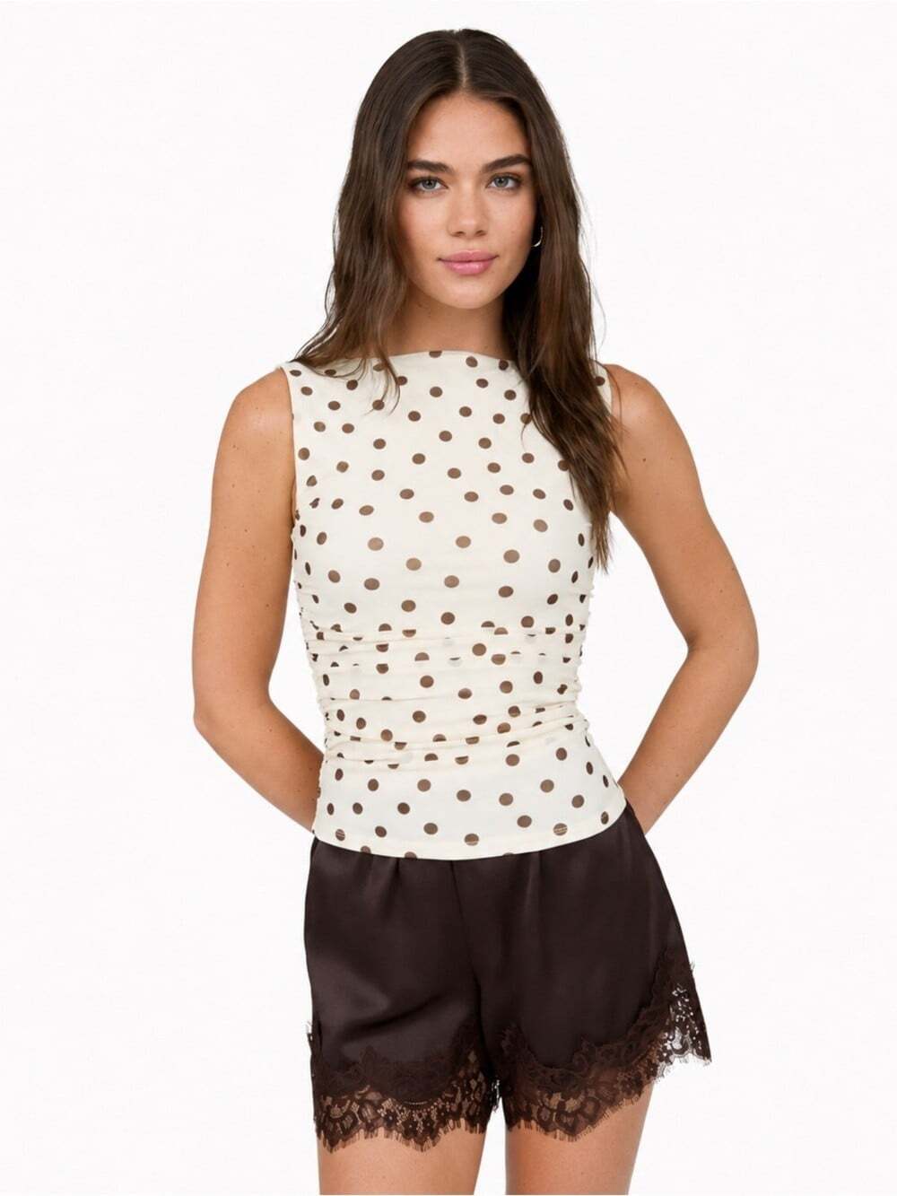 NEW The Workshop Sleeveless Cream Polka Dot Ruched Top Size Large